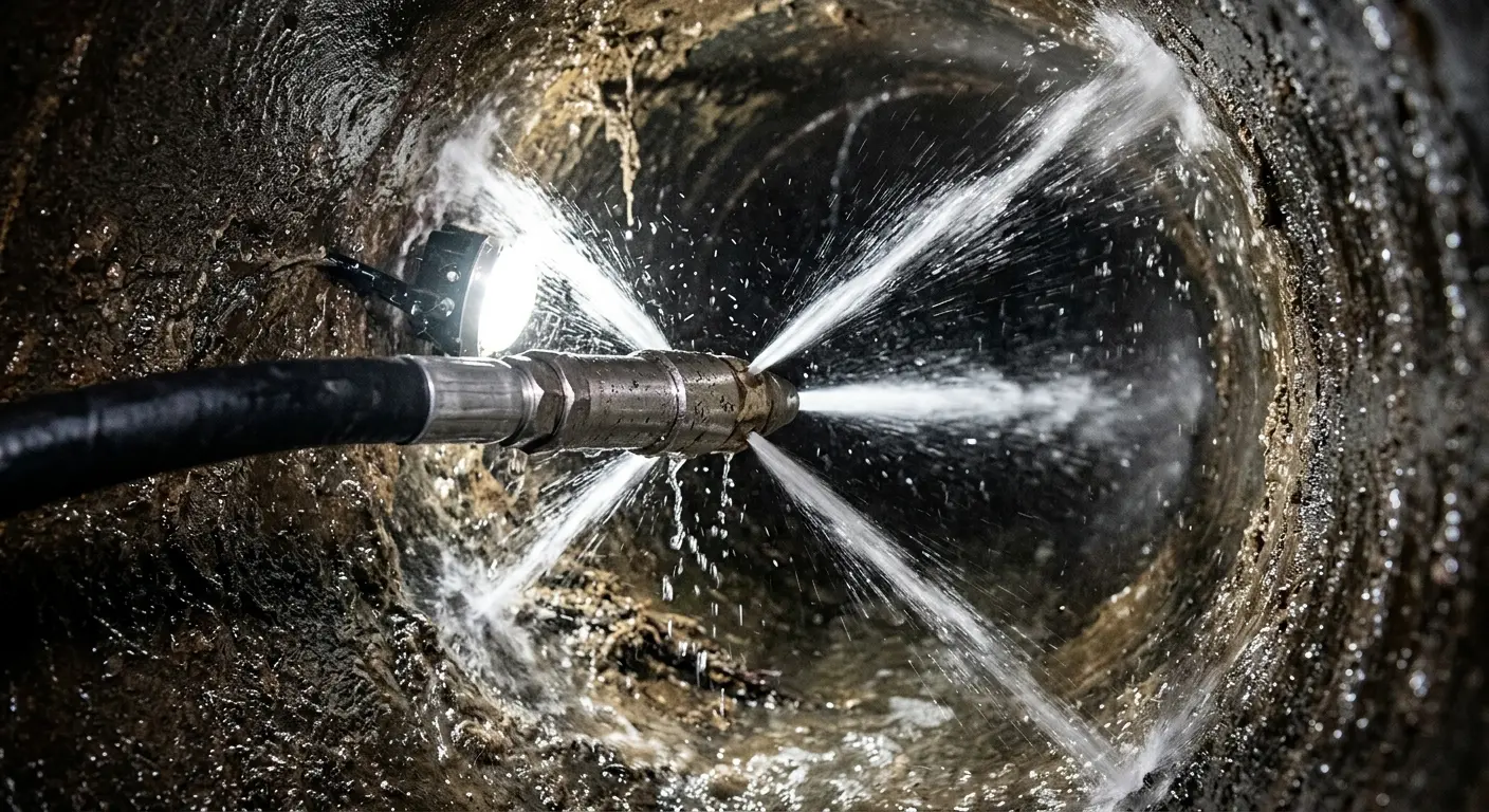 High-pressure hydro jetting nozzle cleaning sewer pipe for Emergency Drain Service in South Berwick