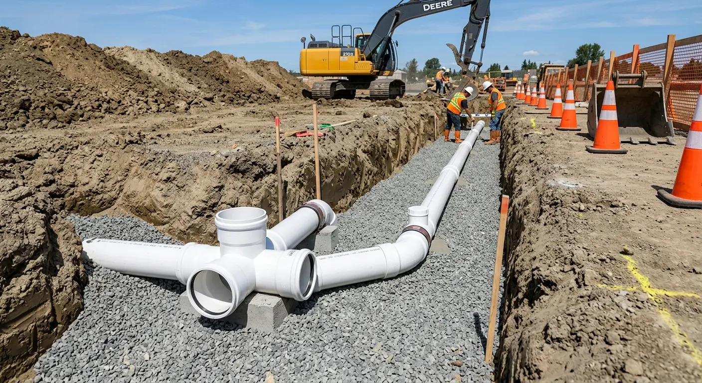 New PVC sewer pipe installation in open trench for Grease Trap Cleaning in South Berwick