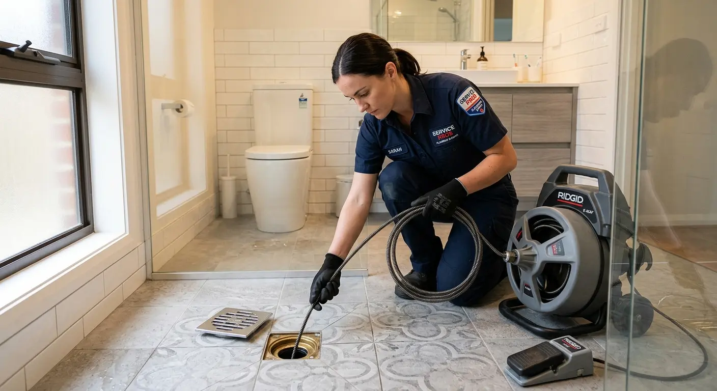 Technician clearing a bathroom floor drain for Sewer Line Installation in South Berwick